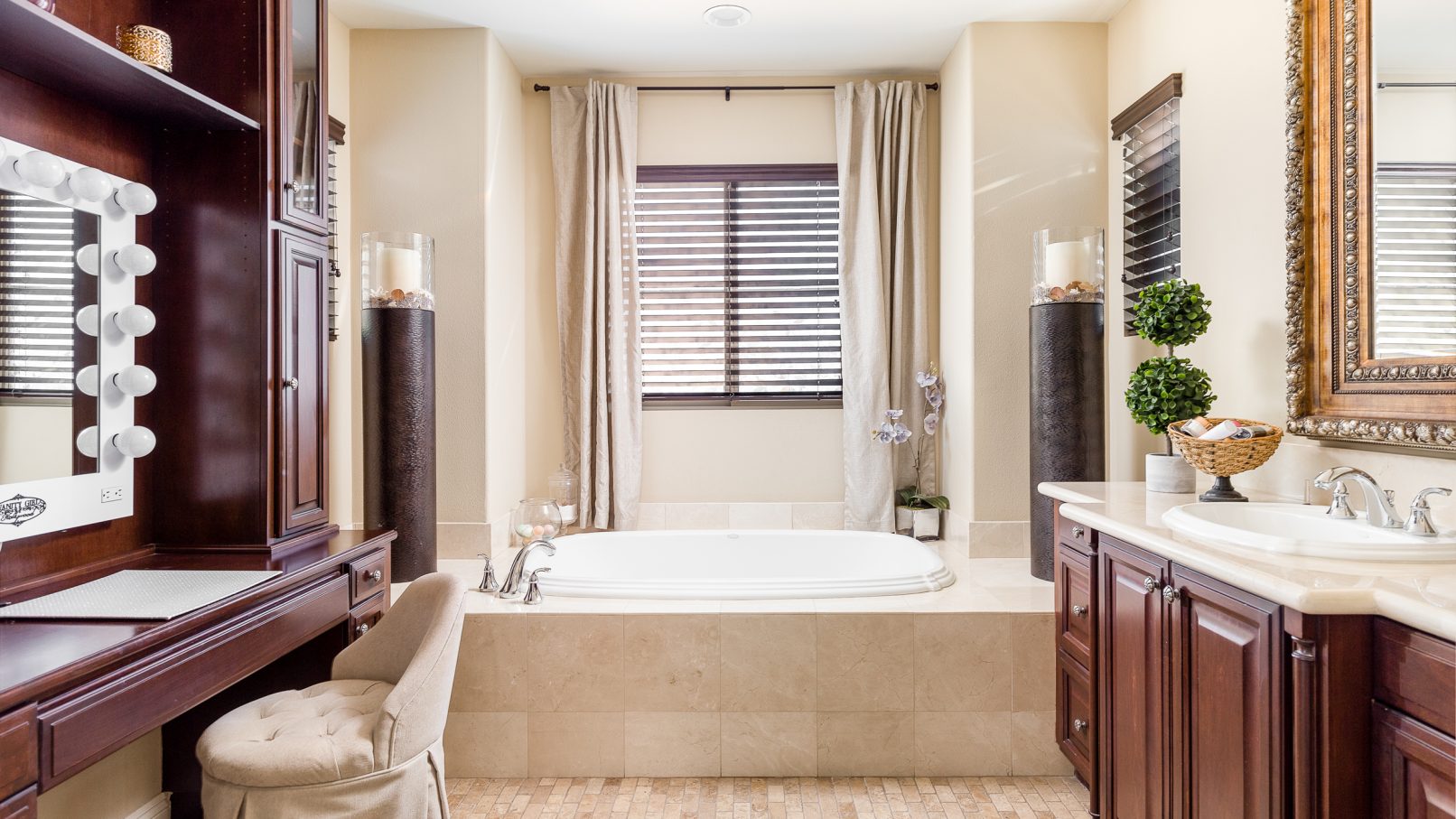 Orange County Interior Design Photography featuring a Ladera Ranch Master Bathroom nicely appointed with beige and cherry wood finishes