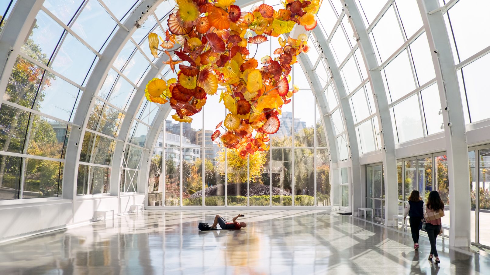 Architectural Photography of the Chihuly Garden and Glass designed by Owen Richards ORA featuring a one point perspective of the interior with a man laying down taking a photo of the massive glass sculpture filling the greenhouse space
